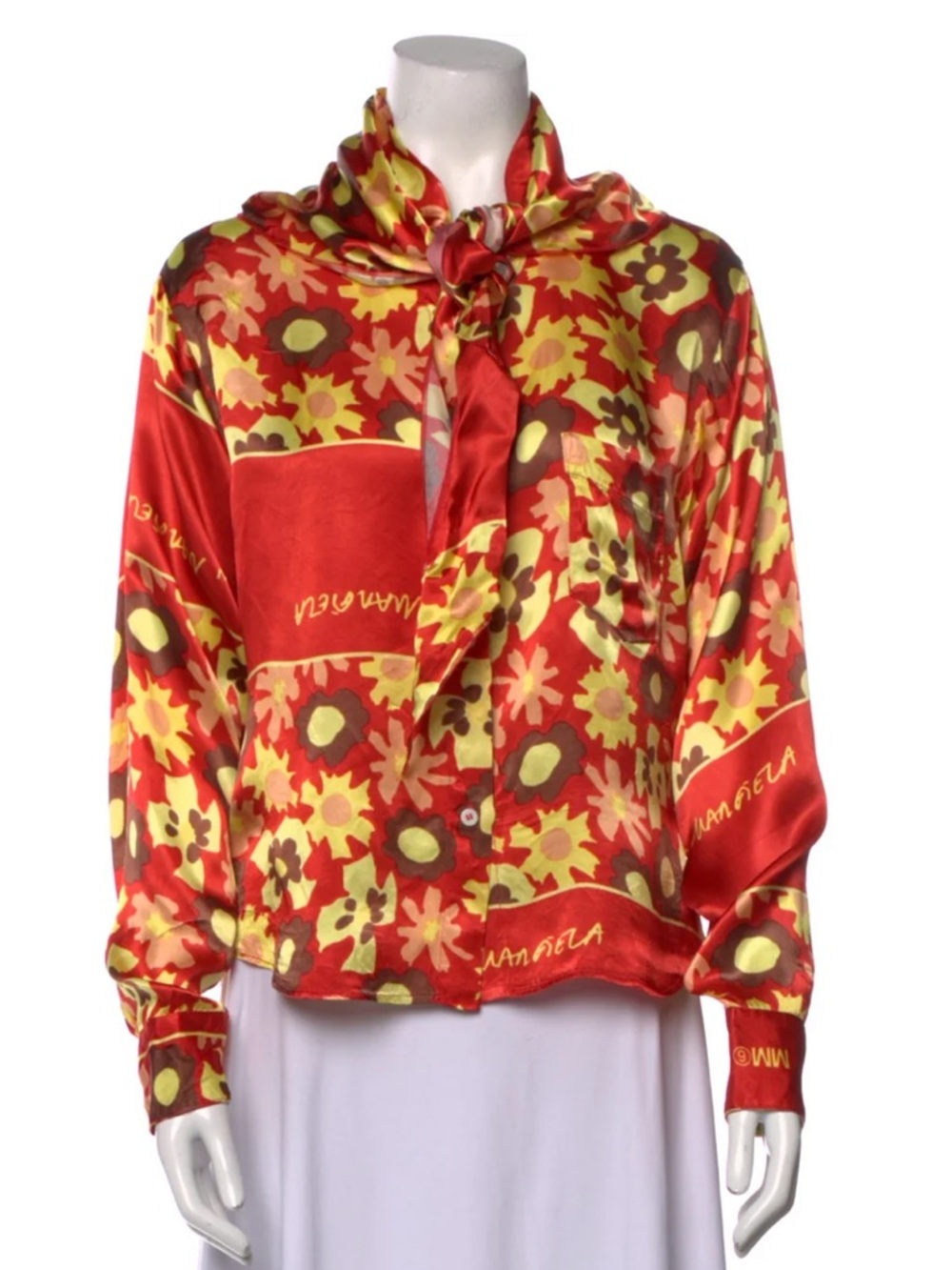 MM6 Maison Martin Margiela Red and Yellow Floral Tie-Neck Blouse